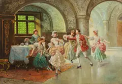 Stephan Sedlacek, A game of blind man's buff, oil on canvas