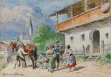 Julius von Blaas, Conversation at the horse carriage, watercolour on paper