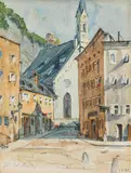 Eduard Zetsche, Bürgerspitalkirche in front of the Mönchsberg in Salzburg, 1898, watercolour on paper