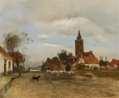 Rudolf Ribarz, Flock of sheep in Rhynsburg (Rijnsburg/South Holland), oil on panel