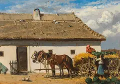 Alexander von Bensa, Hungarian horse carriage being loaded, oil on cardboard