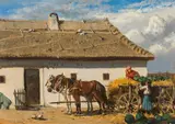 Alexander von Bensa, Hungarian horse carriage being loaded, oil on cardboard