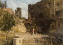Robert Russ, Mittagsrast in der Ruine" (study), c. 1880, oil on canvas