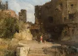 Robert Russ, Mittagsrast in der Ruine" (study), c. 1880, oil on canvas
