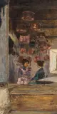 Menci Clemens Crnčić, Kitchen interior with two women, oil on cardboard