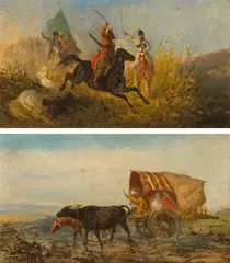 Theodor (Fedor) Baikoff, Mixed lot (2 pieces): Covered wagon with oxen; Caucasian horsemen fight, 1876, oil on canvas