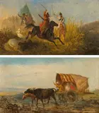Theodor (Fedor) Baikoff, Mixed lot (2 pieces): Covered wagon with oxen; Caucasian horsemen fight, 1876, oil on canvas