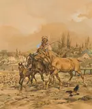 Polish peasant on horseback by Juliusz Fortunat von Kossak, 1898, watercolour on paper, sold Jun 2022