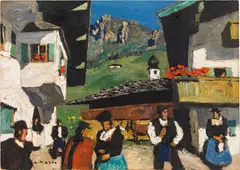 Alfons Walde, Tiroler Dorf im Sommer (Oberndorf bei Kitzbühel mit Horn), 1935, oil on cardboard