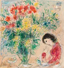 Marc Chagall, Fleurs et Femme en rêve, gouache, coloured chalk and pencil on paper on canvas