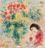 Marc Chagall, Fleurs et Femme en rêve, gouache, coloured chalk and pencil on paper on canvas