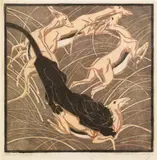 Norbertine Bresslern-Roth, Raid (Black panther and gazelles), colour linocut on paper