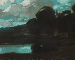 Night landscape with lake by Oskar Mulley, oil on cardboard, sold Jun 2022