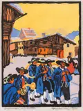 Robert A. Saurwein, Dorfkonzert, colour woodcut on paper