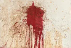 Hermann Nitsch, Relikt" (109. Aktion), 2001/2015, acrylic, blood on fabric; unframed