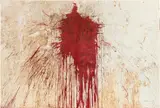 Hermann Nitsch, Relikt" (109. Aktion), 2001/2015, acrylic, blood on fabric; unframed