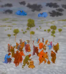 Arik Brauer, Musik macht Bäume blühen, oil on panel; framed
