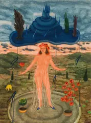 Arik Brauer, Die Braut im Morgenrot, watercolour on paper; framed