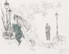 Leherb, Parc Montsouris oder der Nachmittag kleiner Leute, 1974, mixed media on paper; framed