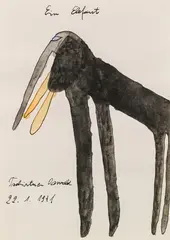 Oswald Tschirtner, Ein Elefant, 1971, mixed media on paper; framed