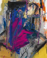 A swinging by Eva Kaiser, 2018, mixed media on canvas; framed, sold Jun 2022