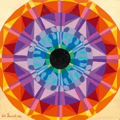 Curt Stenvert, Das Zentrum des Lichtes - Thema des Lichtes - Thema der mystische Kristall, 1984, oil, golden foil on wood; framed