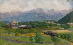 Anton Faistauer, Landscape near Maishofen with Schloss Saalhof and Steinernes Meer, 1908, oil on canvas on cardboard