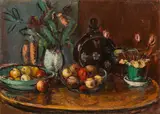 Anton Faistauer, Still life with fruit, flowers and a brown bottle