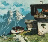 Oskar Mulley, Mountain farmstead in the sun, oil on canvas