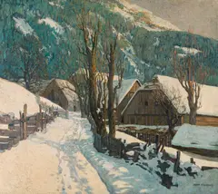 Wintery village by Josef Stoitzner, c. 1945, oil on canvas on wood, sold Apr 2022