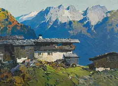 Oskar Mulley, Bergbauernhof, oil on cardboard