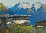 Oskar Mulley, Bergbauernhof, oil on cardboard