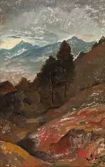 Ernst Nepo, Mountain landscape with view of Innsbruck, 1947, oil on paper on cardboard