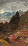 Ernst Nepo, Mountain landscape with view of Innsbruck, 1947, oil on paper on cardboard