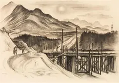 Brückenbau bei Umrathshausen by Albert Birkle, 1934, charcoal, heightened with white, on paper, sold Apr 2022