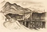 Albert Birkle, Brückenbau bei Umrathshausen, 1934, charcoal, heightened with white, on paper