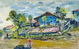 Oskar Laske, Farm house with vegetable garden, 1948, mixed media on paper