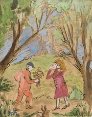 Rendezvous in the forest by Oskar Laske, watercolour, India ink on paper, sold Apr 2022