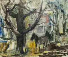 Ferdinand Stransky, Tree and horse, 1964, oil on board
