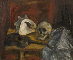 Ferdinand Stransky, Still life with skull, guitar and shell, 1976, oil on canvas