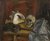 Ferdinand Stransky, Still life with skull, guitar and shell, 1976, oil on canvas