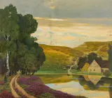 Eduard Kasparides, Die Au im Tale, oil on cardboard