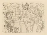 Pablo Picasso, Couple, Hibou et Odalisque à Cheval (sheet 6 from "La Célestine"), 1968, etching on paper with watermark "La Célestine"