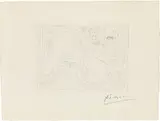 Pablo Picasso, Le Repos du Sculpteur devant un Centaure et une Femme" from "La Suite Vollard, 1933, etching on Vergé de Montval paper with watermark "Vollard"; unframed