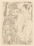 Pablo Picasso, Jeune courtisane avec un gentil homme, un sculpteur, et un vieillard alléché (sheet 52 from "La Célestine"), 1968, etching on paper with watermark "La Célestine"