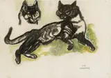 Lying cat and cat's head by Ludwig Heinrich Jungnickel, mixed media on paper, sold Apr 2022