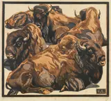 Norbertine Bresslern-Roth, Mixed lot: Bisons and Cormorants (two prints), colour linocut on paper; 1 sheet unframed