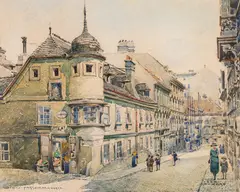 Feri Schwarz, Fasszieherhaus in Vienna, watercolour on paper