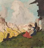 Hugo Hodiener, Family idyll in the mountains, oil on canvas