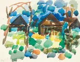 Gustav Hessing, Landscape with houses, watercolour on paper